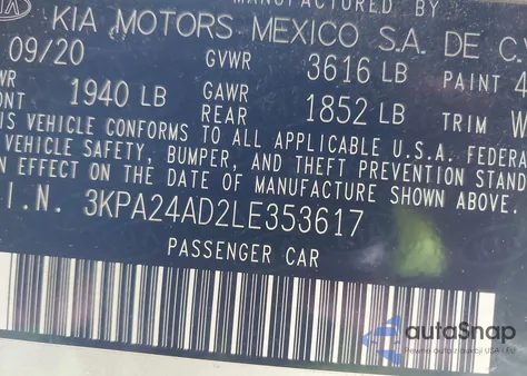 2020 Kia Rio Lx z USA, uszkodzony, nr VIN 3KPA24AD2LE353617